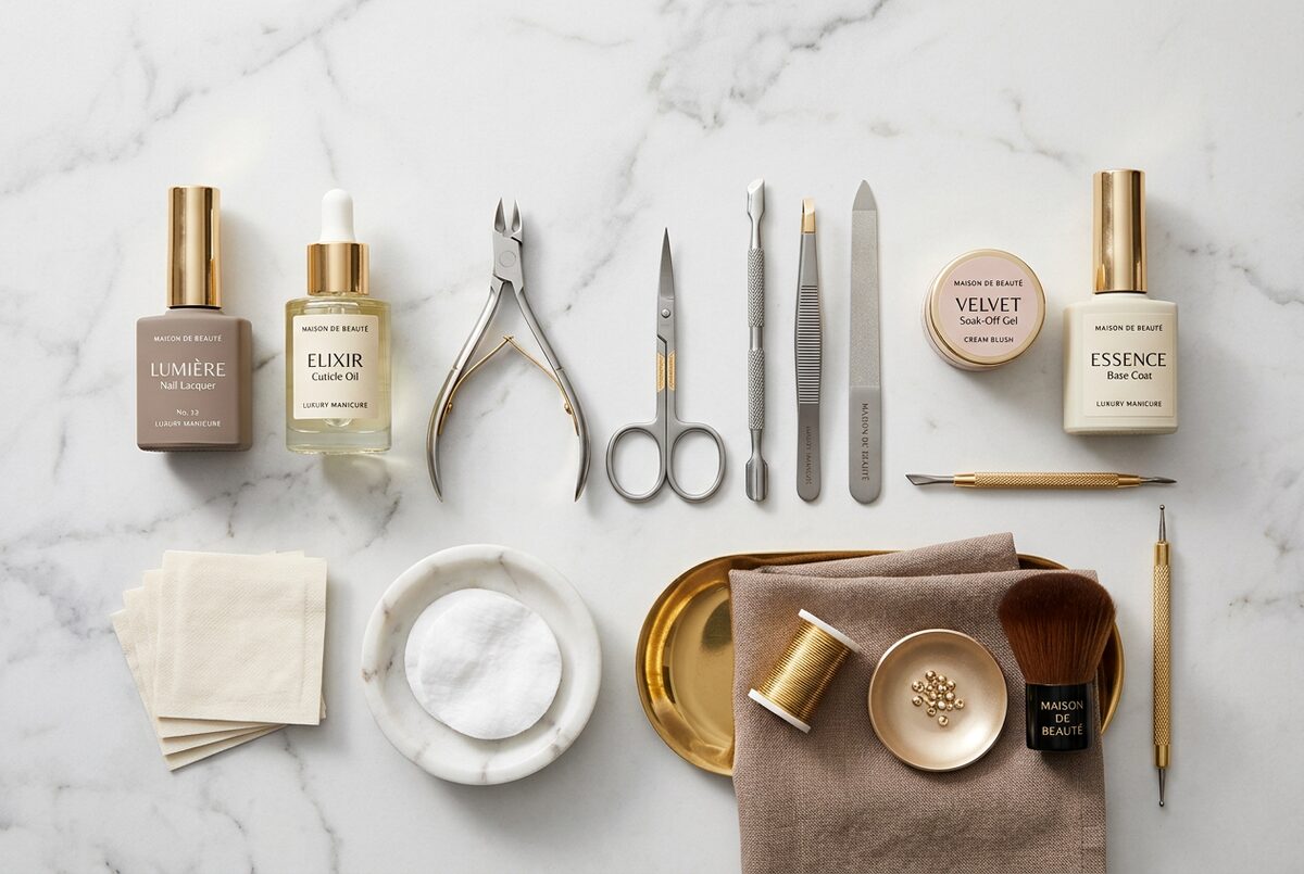 Ferramentas profissionais de manicure organizadas numa mesa