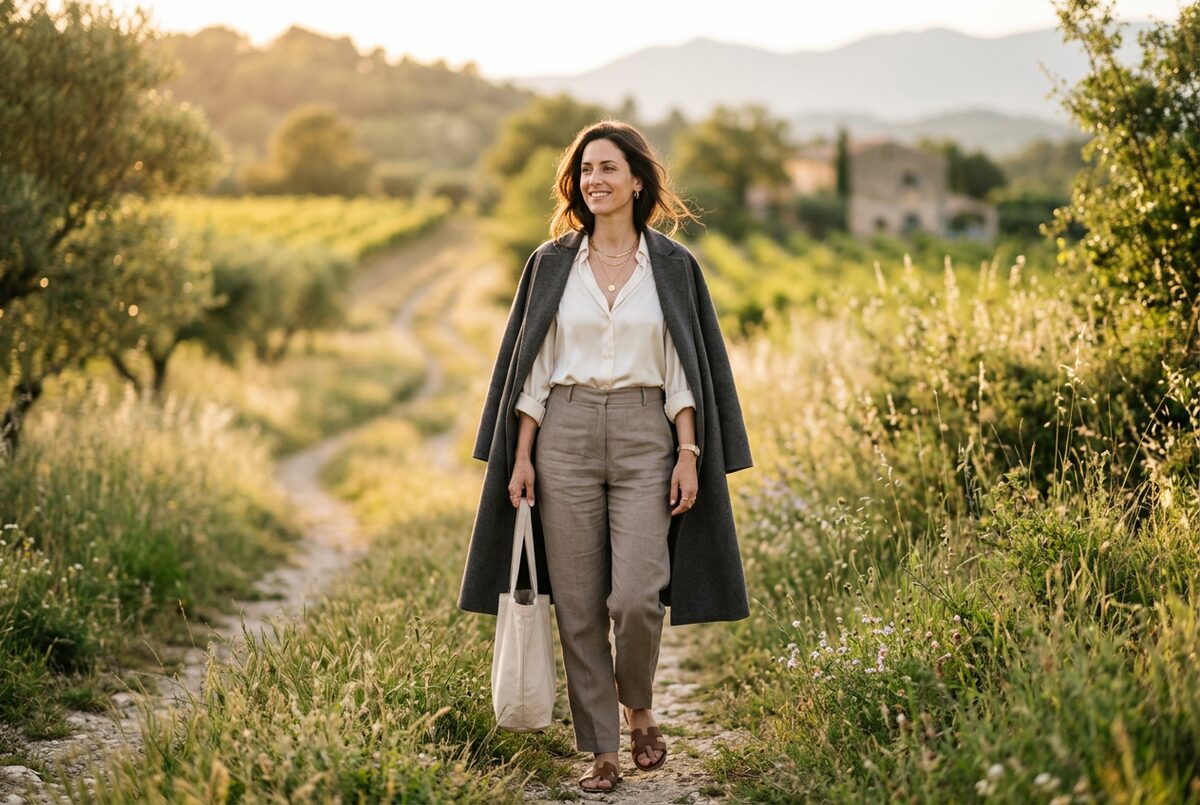 Mulher elegante e serena ao ar livre, sensação de liberdade